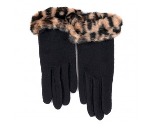 GANTS & MITAINES gants uni noir et fausse fourrure léopard