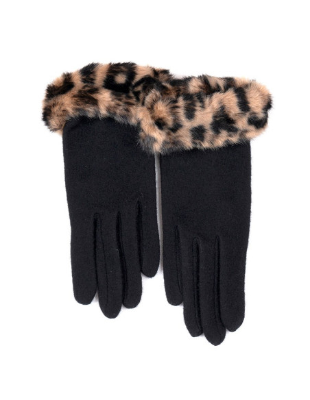GANTS & MITAINES gants uni noir et fausse fourrure léopard