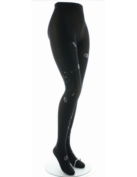 Collants unis et fantaisies Berthe aux grands pieds - 40D noir oiseau lyre marine et rose