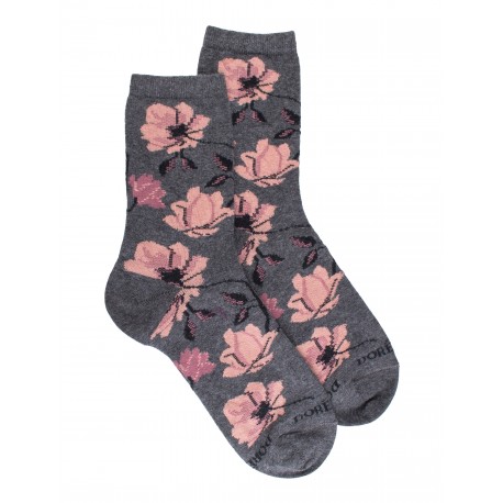 Chaussettes fantaisies Socks flowers - grey and pink- 36/41