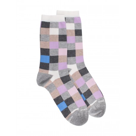 Chaussettes fantaisies Cotton Socks - Damier - grey and purple